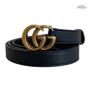 Authentic Gucci Black Smooth Leather Slim Signature Double G Buckle Belt 85/34